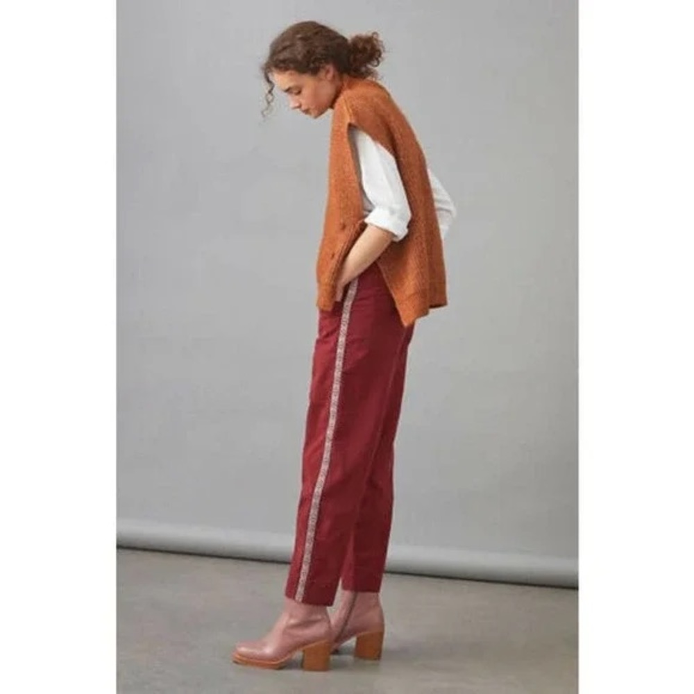 Anthropologie Wine Cropped Pants with Metallic Side Stripe